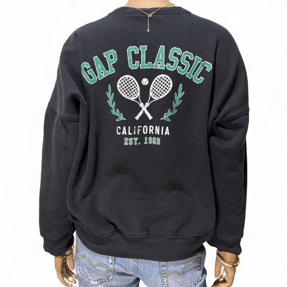 GAP Classic Black Tennis Graphic Crewneck Sweatshirt California Preppy Varsity